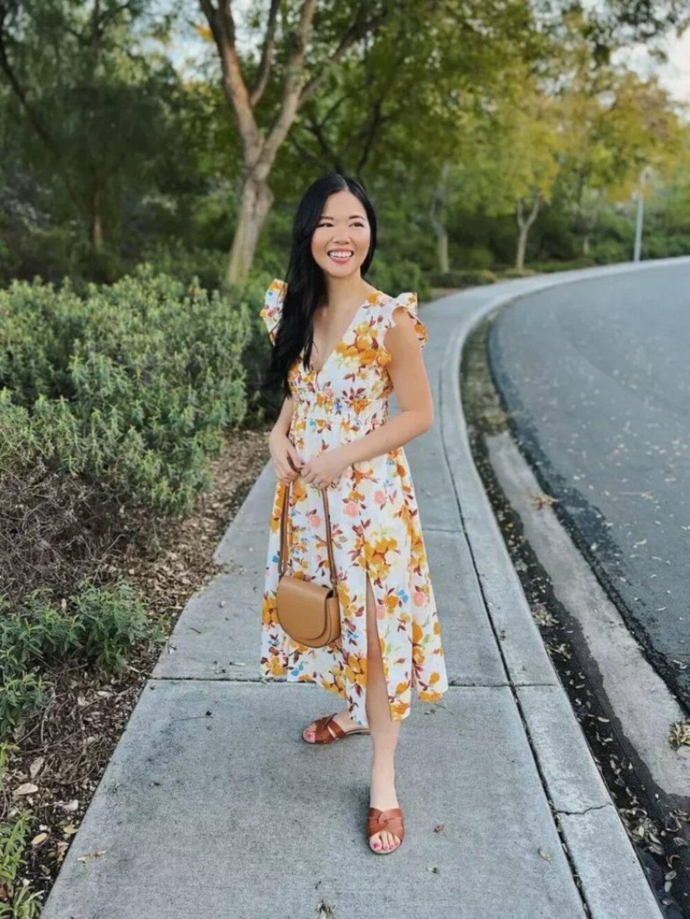 XSP Abercrombie & Fitch Flutter Sleeve Plunging Neck Floral Midi Dress